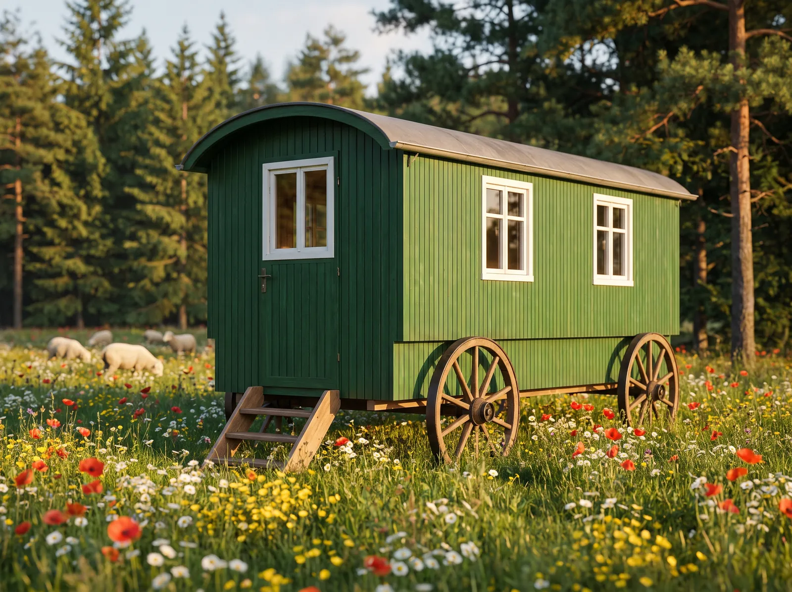 Grüner Schäferwagen mit Tonnendach auf einer Blumenwiese